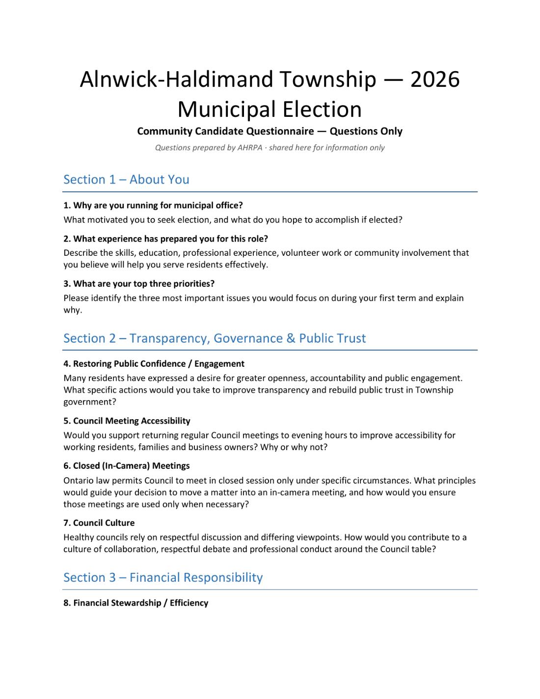 Community Candidate Questionnaire, page 1