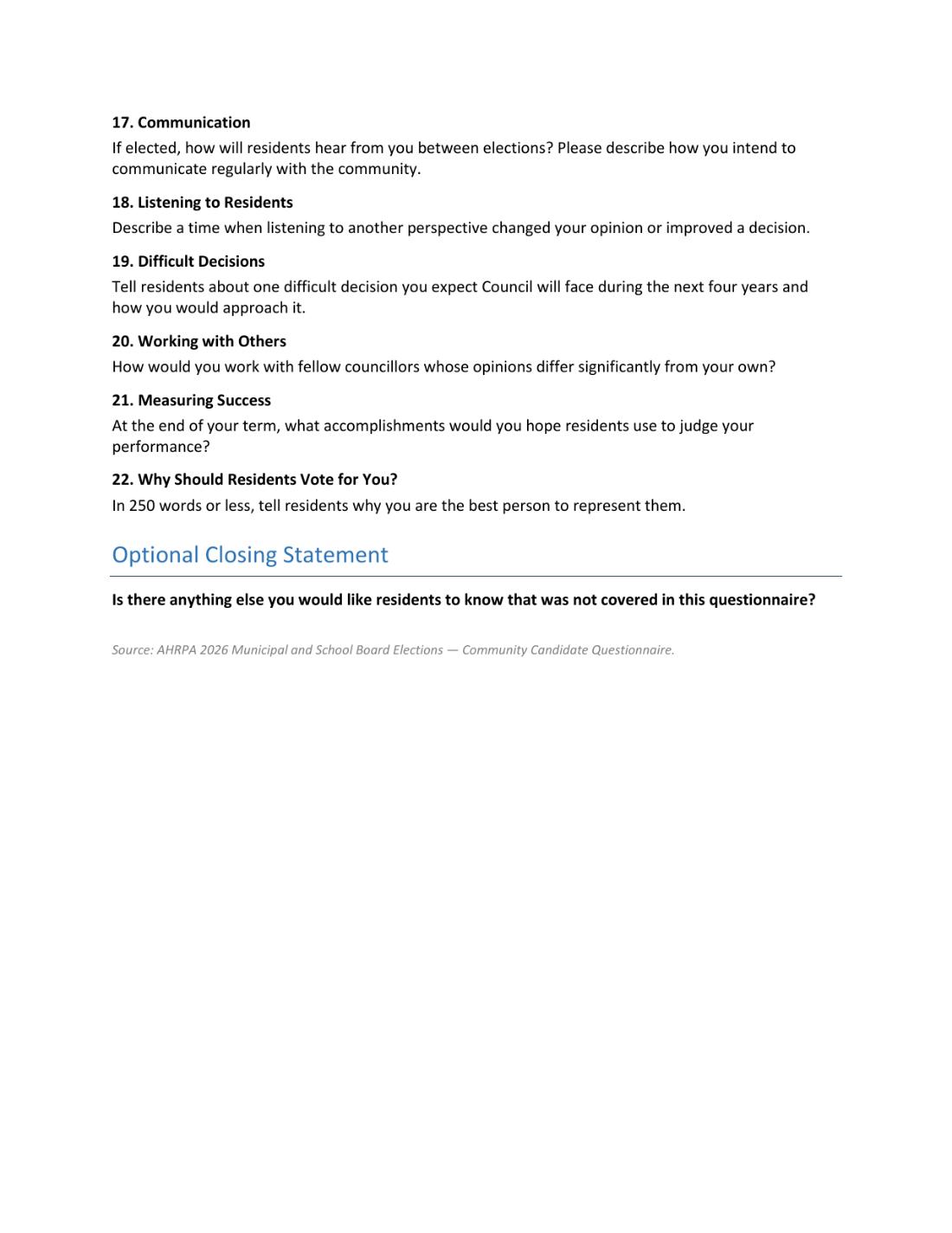 Community Candidate Questionnaire, page 3