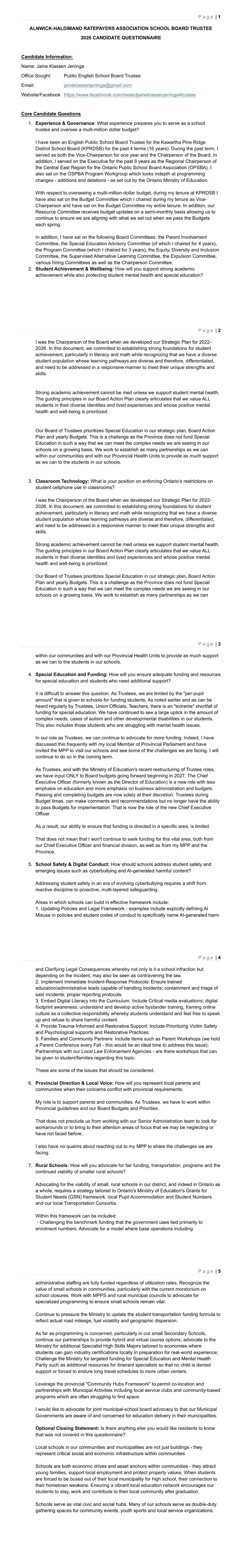 Questionnaire response from Jaine Klassen Jeninga, candidate for Public English School Board Trustee