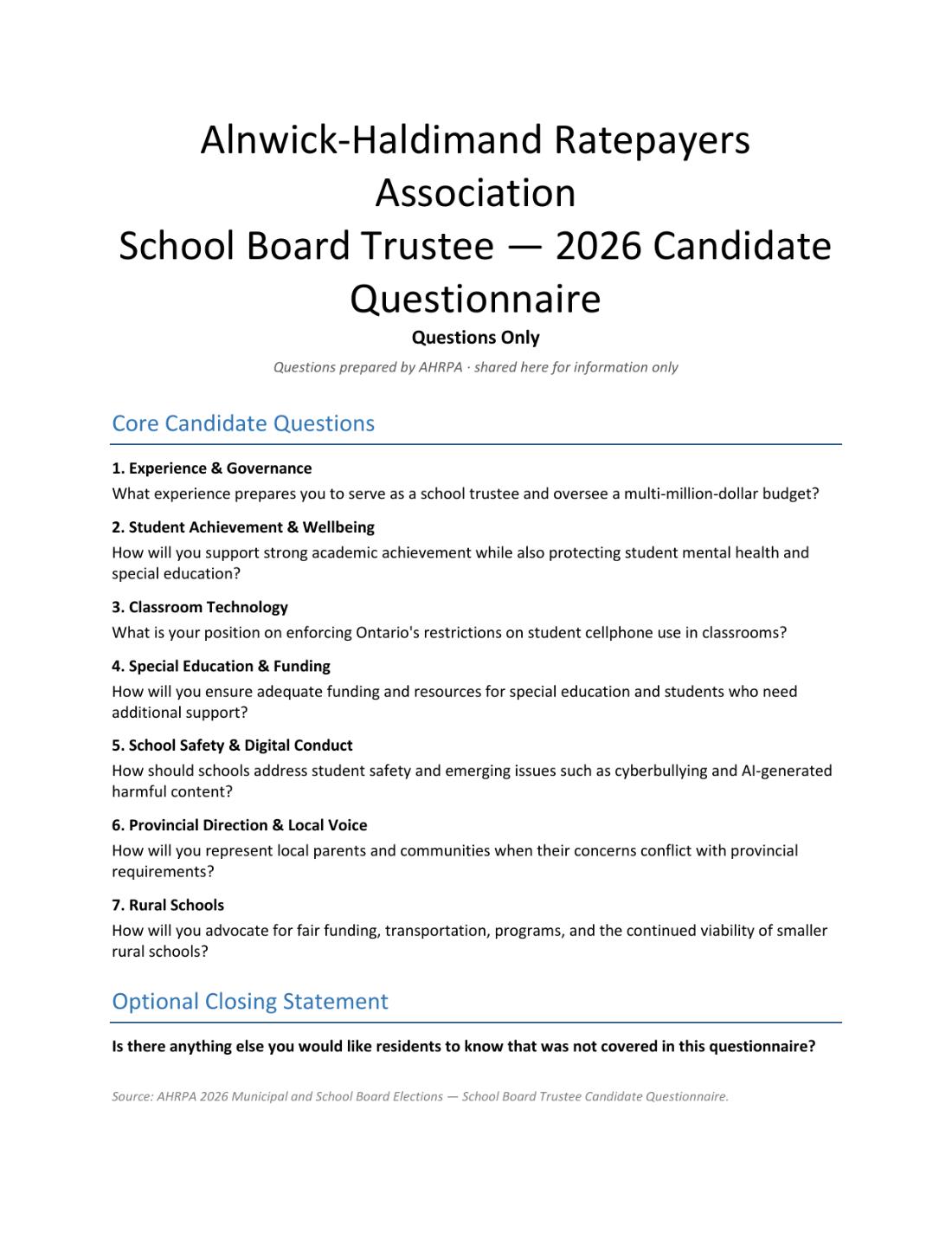 School Board Trustee Candidate Questionnaire, page 1